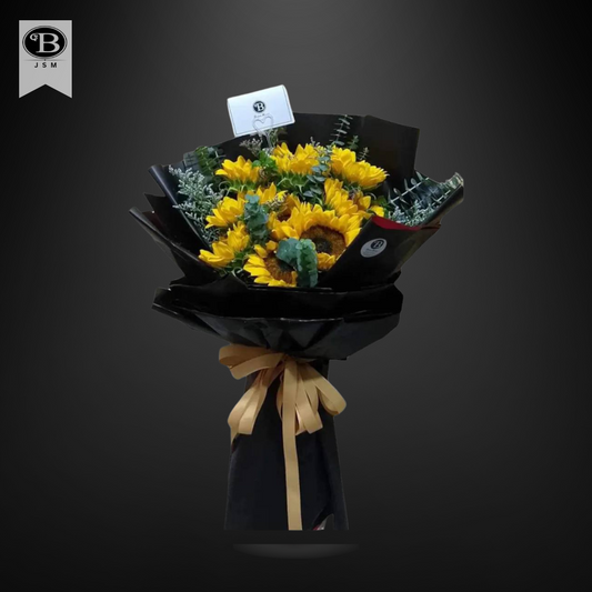 10 Sunflowers in a black wrap bouquet