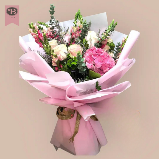 12 Pink Ecuadorian Roses with Pink Imported Hydrangea Bouquet-E1