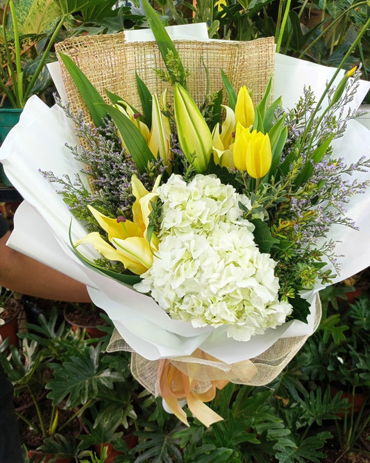 2 Yellow Lilies, 3 Tulips & 2 Hydrangea Bouquet BO – 26