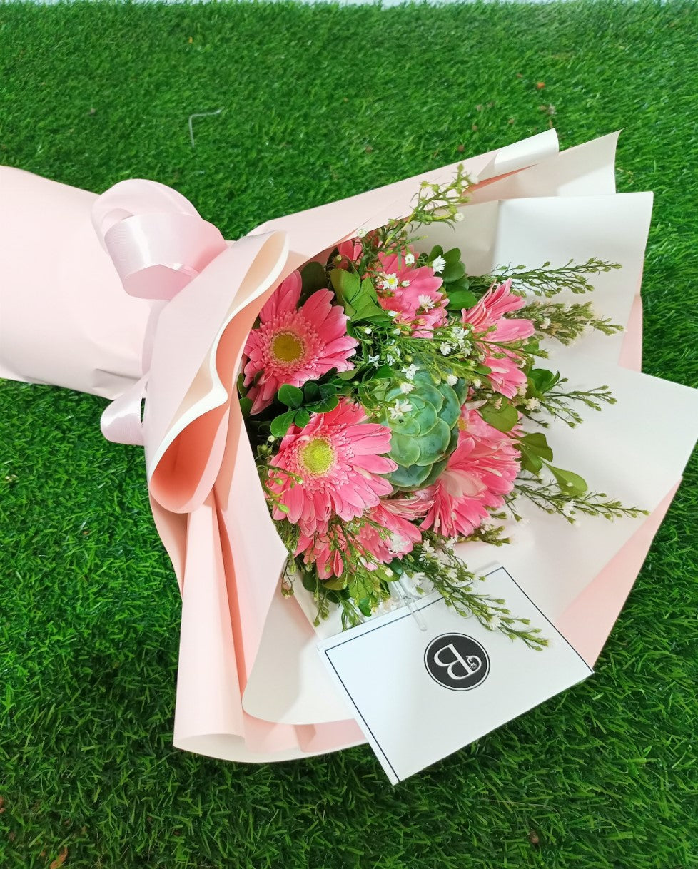 10 Pink Gerbera &amp; Succulent Bouquet  BO – 38