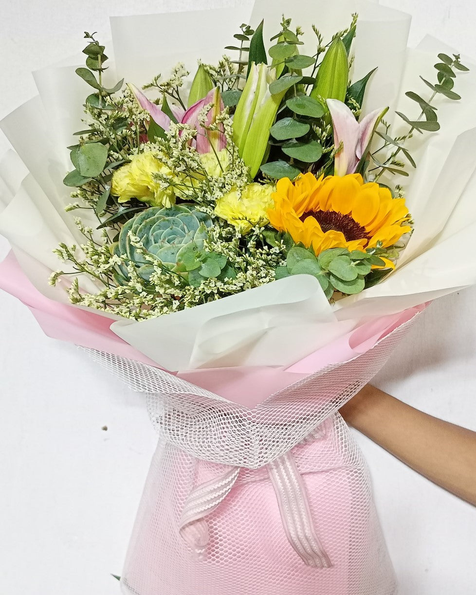 1 stems Sunflower, 10 Carnation &amp; 2 Stargazer with succulent bouquet BO – 41