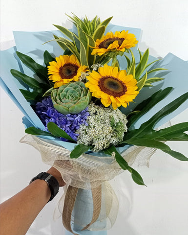 3 stems Sunflower, with Agapanthus Rice flower &  BO – 43