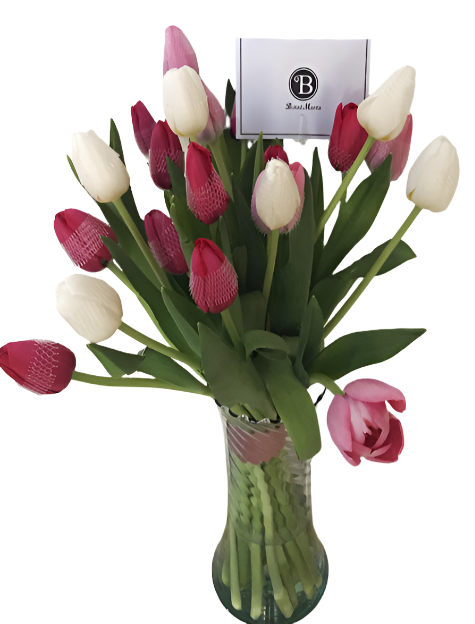 20 Assorted Tulips in a Glass Vase