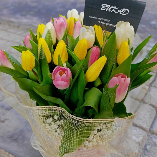 30 Pink, Yellow, and White Tulips Bouquet