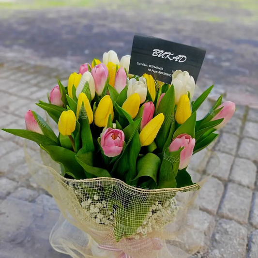 30 Pink, Yellow, and White Tulips Bouquet